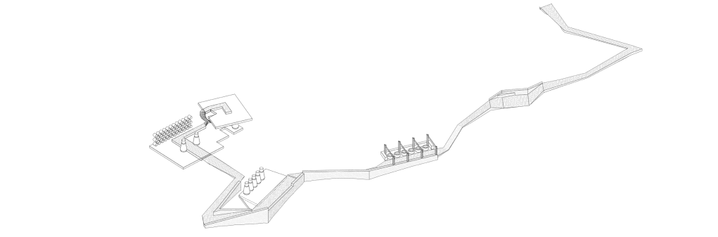 Architectural model of Podere Fedespina showing the layout of the winery and surrounding landscape, illustrating the connection between vineyards, winemaking facilities, and the wine path.